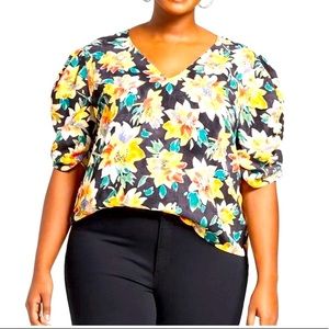 Ava & Viv 2X Black Floral Puff Sleeve Blouse – Vibrant Yellow & Red Sunflowers